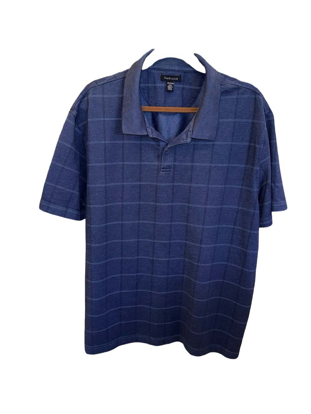 Van Heusen Mens XXL Blue Check Plaid Short Sleeve Polo Shirt